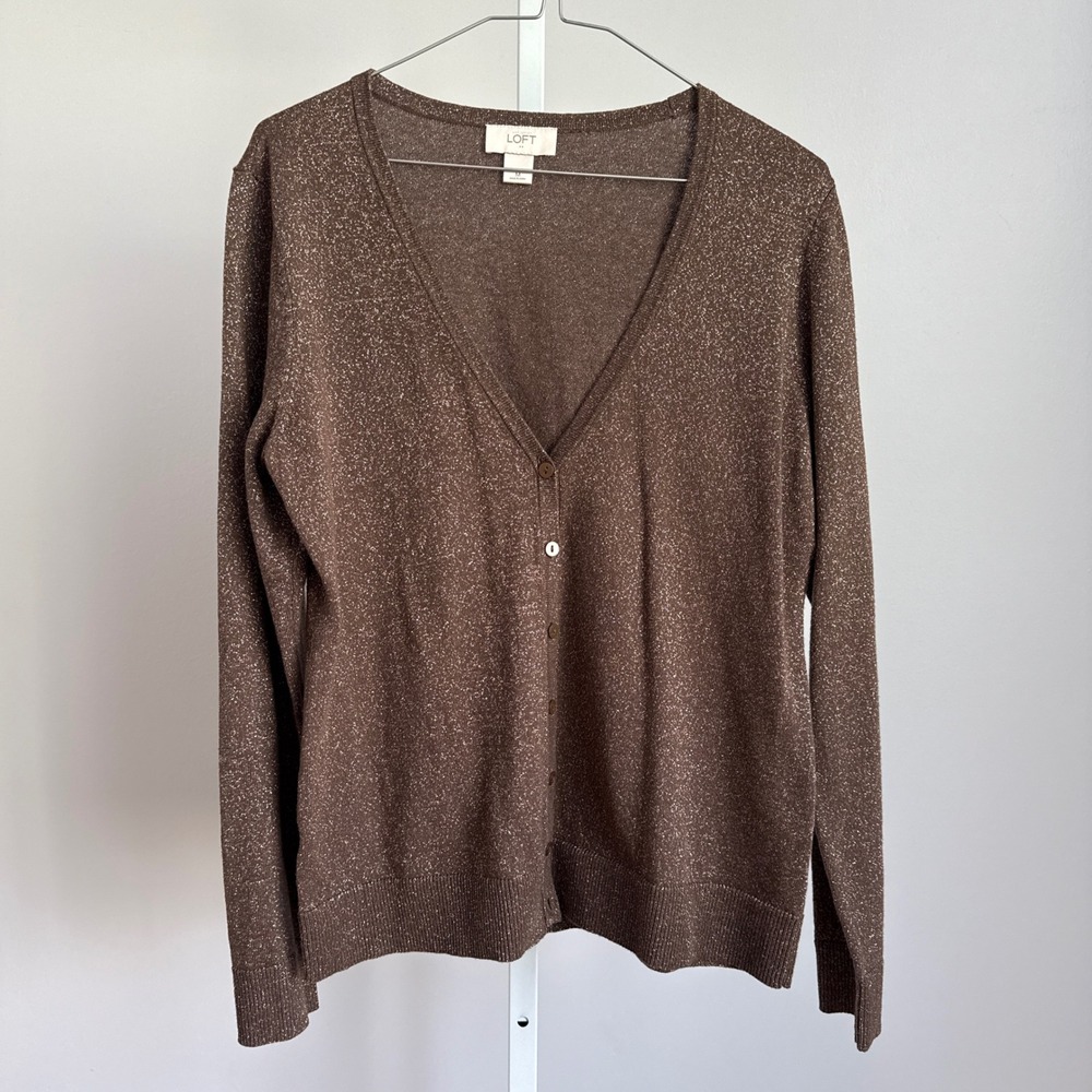 LOFT Brown Metallic Cardigan Sweater size Medium minimalist‎ quiet luxury